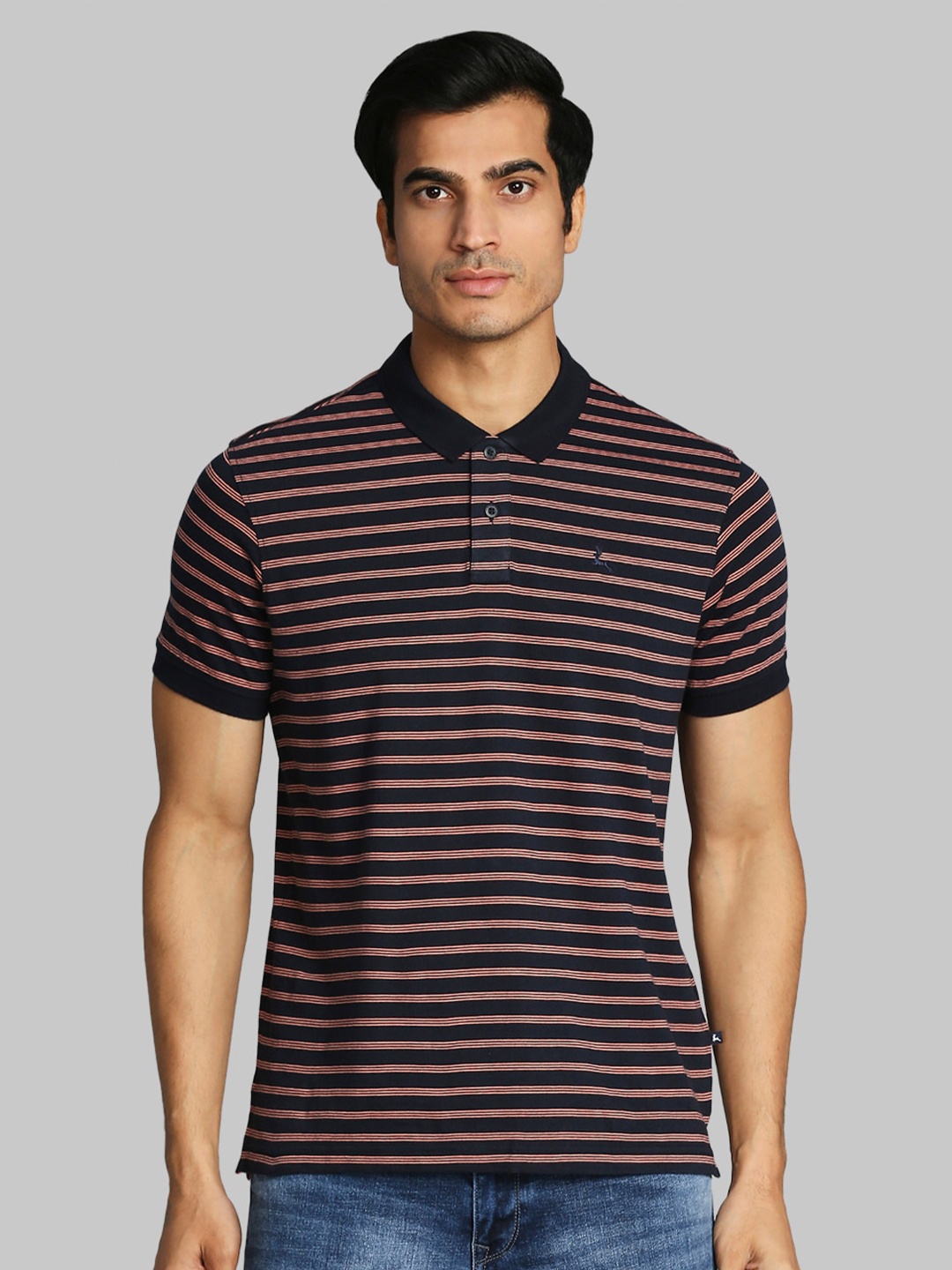 

Parx Men Navy Blue & Pink Striped Cotton Polo Collar T-shirt