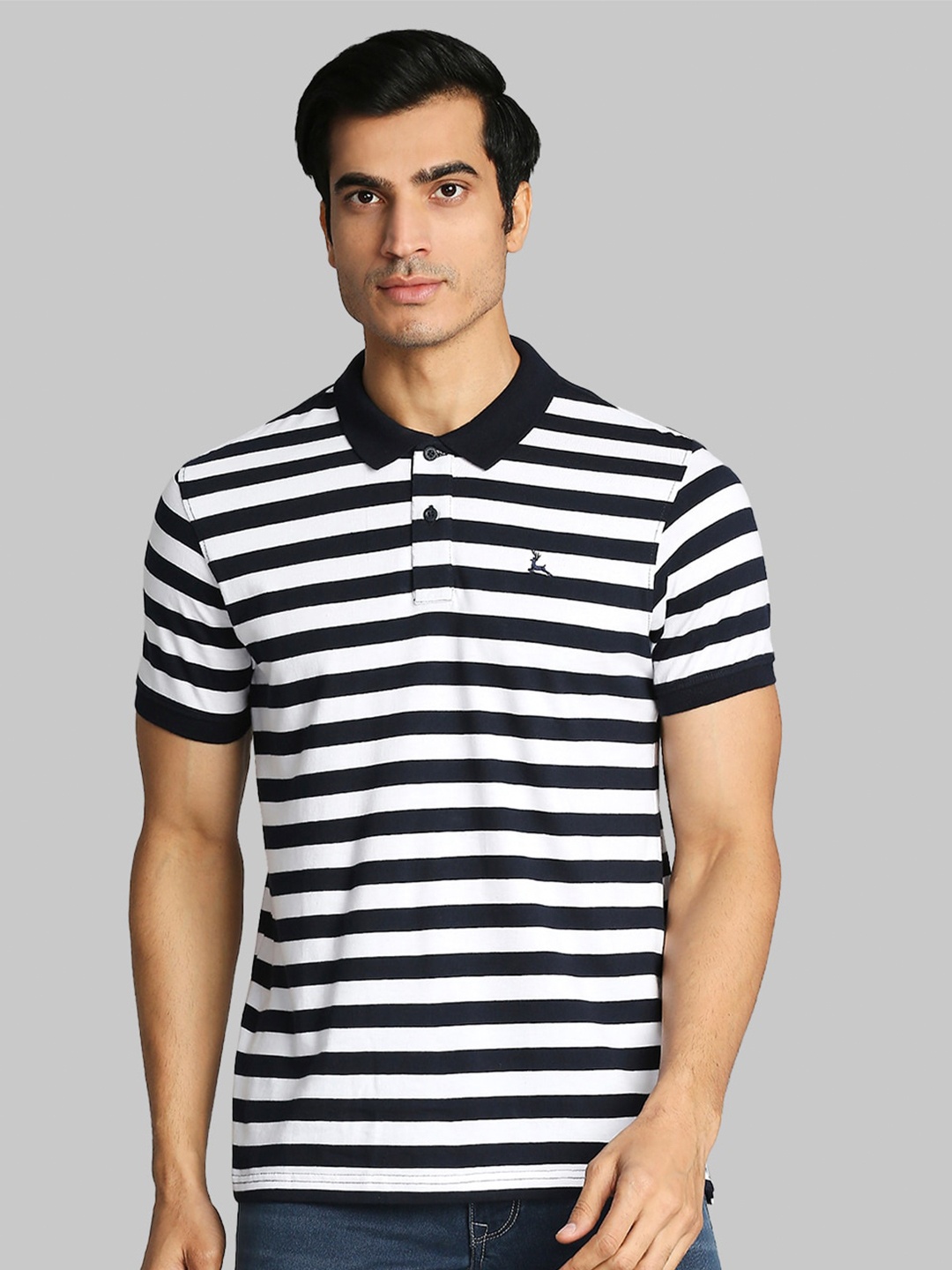 

Parx Men White & Black Striped Polo Collar Cotton T-shirt