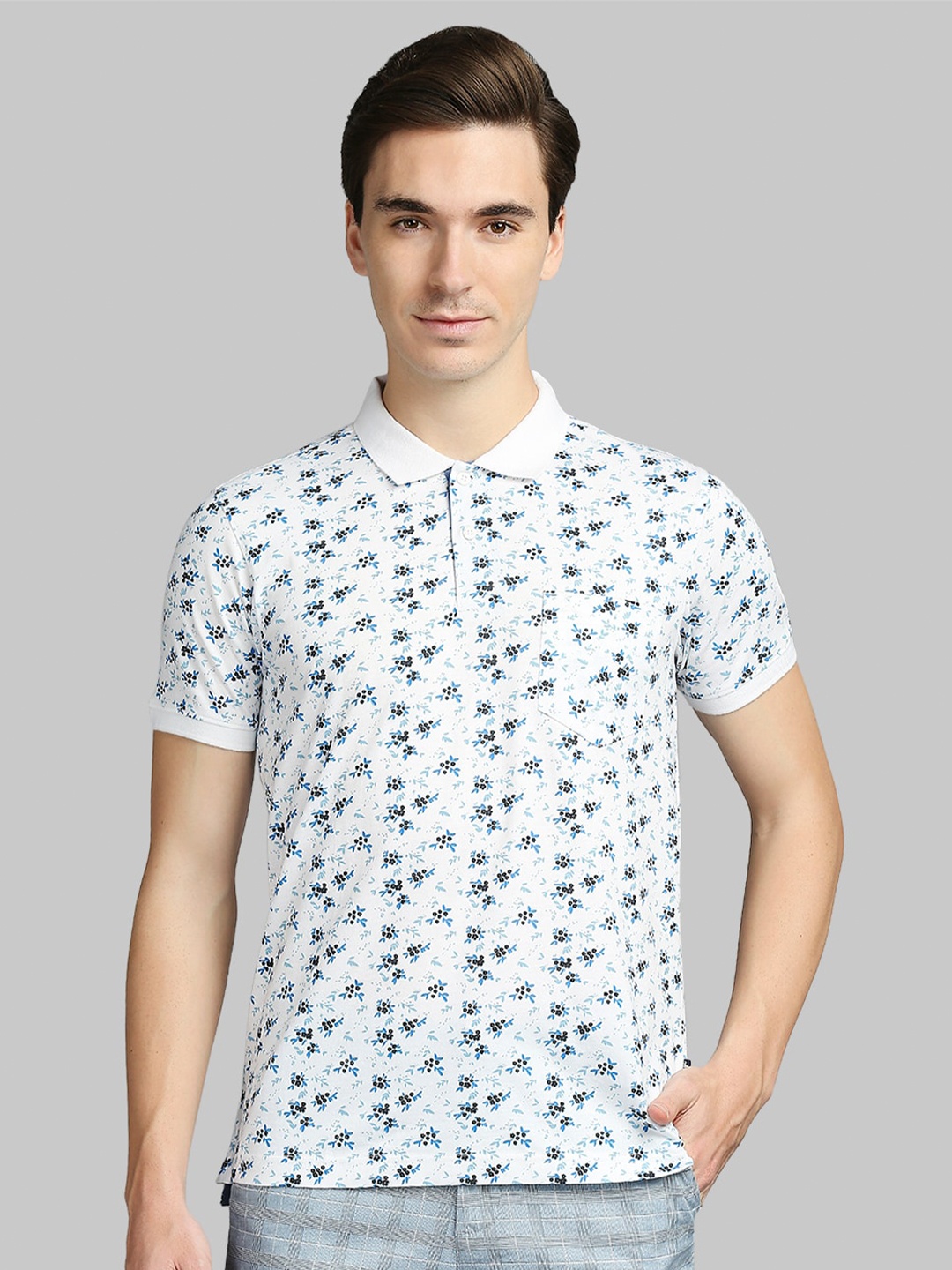 

Parx Men White Floral Printed Polo Collar Pockets T-shirt