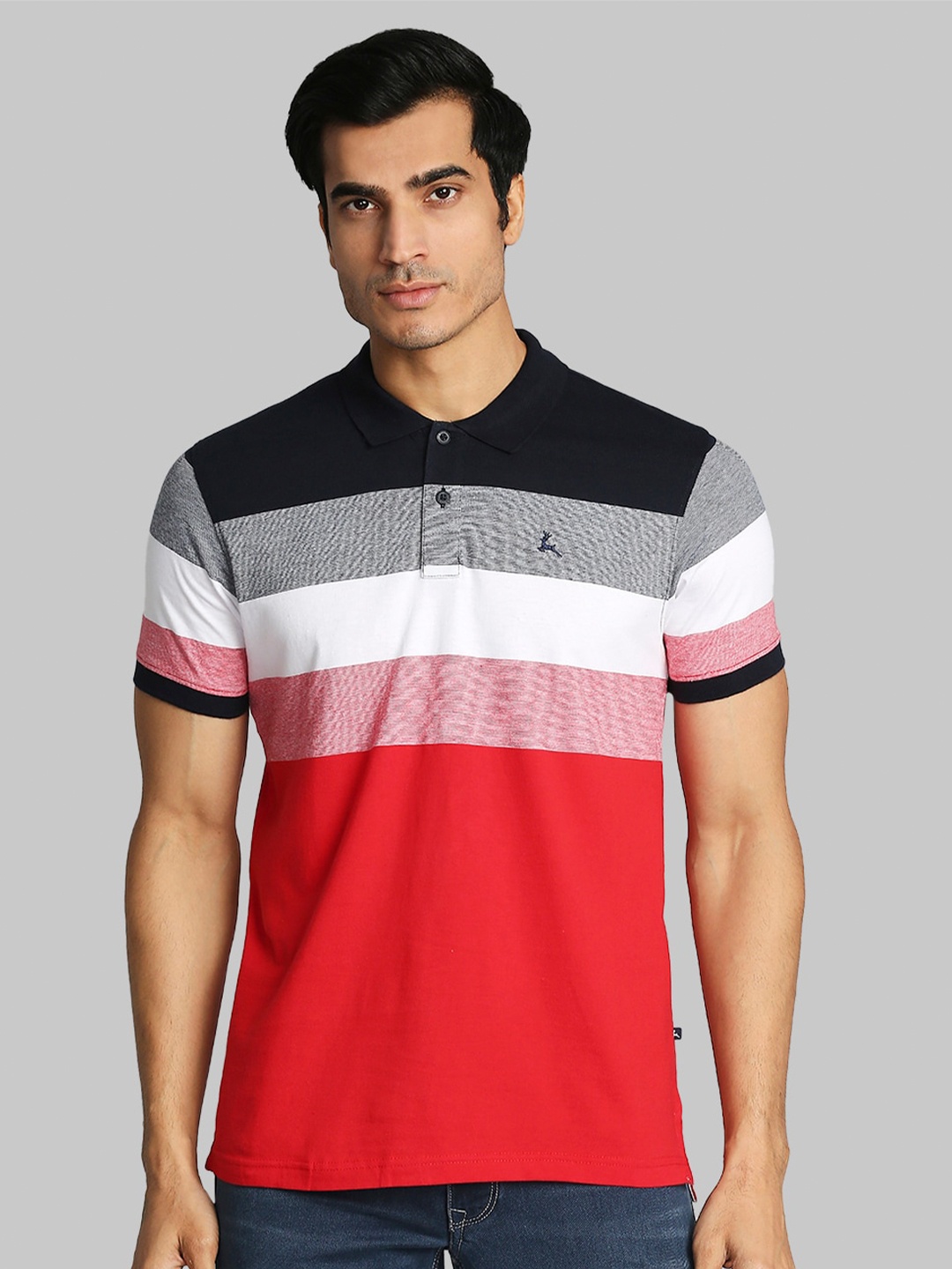 

Parx Men Red & Navy Blue Colourblocked Cotton Polo Collar T-shirt