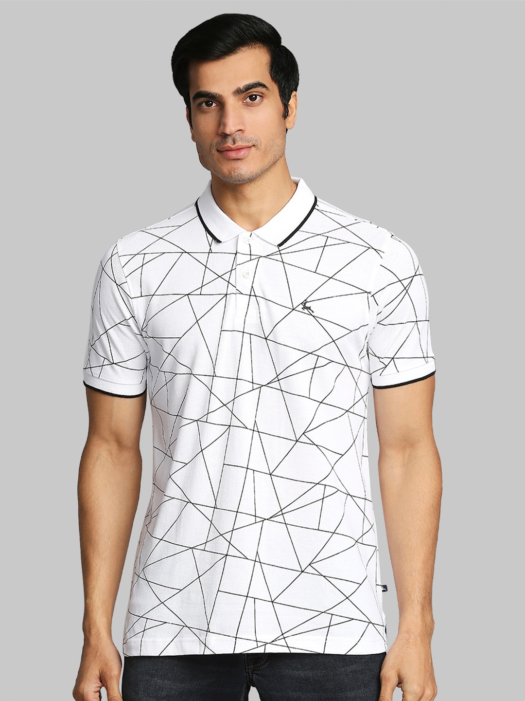 

Parx Men White & Black Geometric Printed Cotton Polo Collar T-shirt