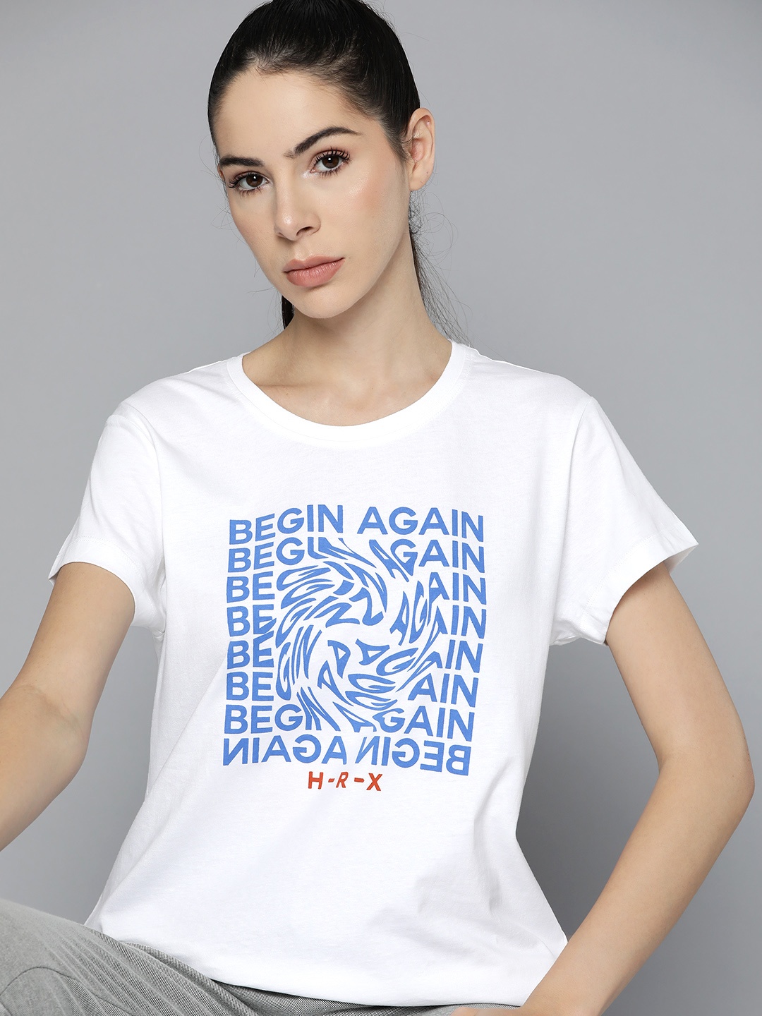 

HRX by Hrithik Roshan Women White & Blue Typography Printed Pure Cotton T-shirt
