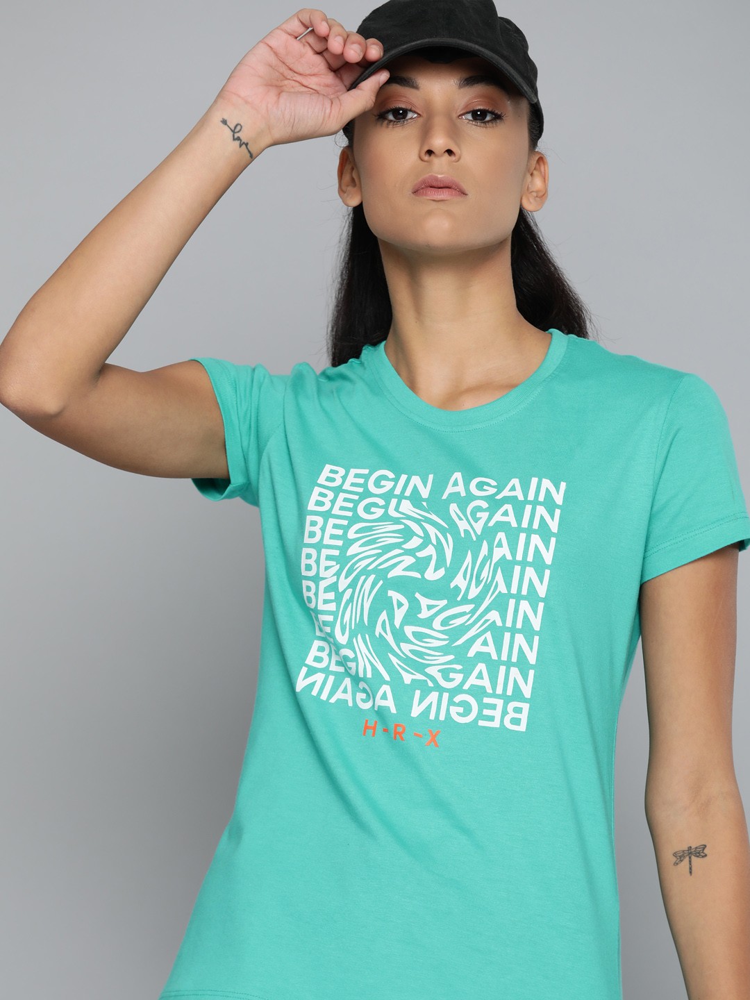 

HRX By Hrithik Roshan Lifestyle Women Pool Green Bio-Wash Typography Pure Cotton T-shirt, Sea green