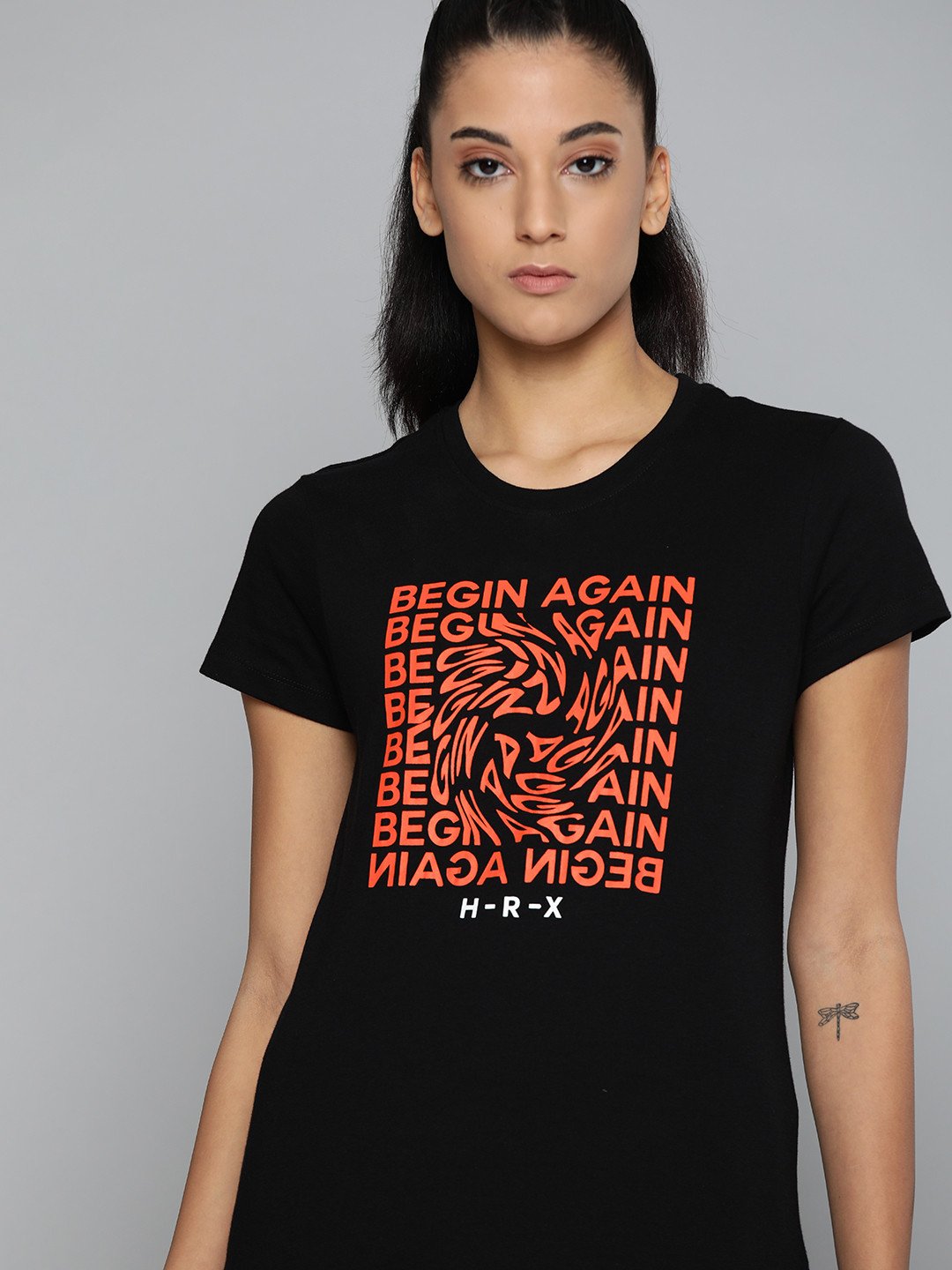 

HRX By Hrithik Roshan Lifestyle Women Jet Black Bio-Wash Typography Pure Cotton T-shirt