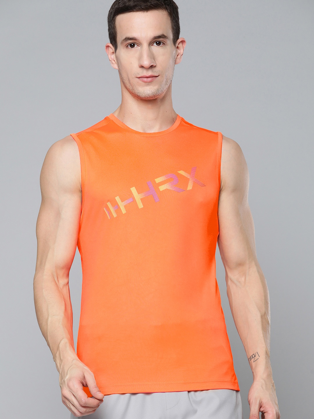 

HRX By Hrithik Roshan Training Men Neon Orange Rapid-Dry Brand Carrier Tshirts