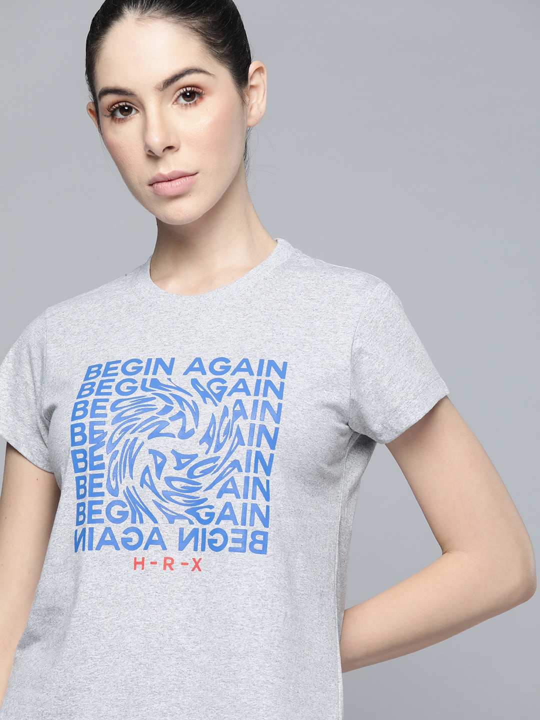 

HRX by Hrithik Roshan Women Grey & Blue Typography Printed Regular Fit T-shirt