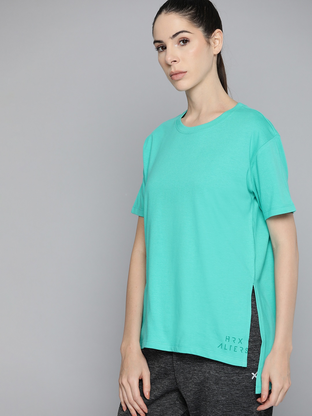 

HRX By Hrithik Roshan Lifestyle Women Pool Green Bio-Wash Solid T-shirt