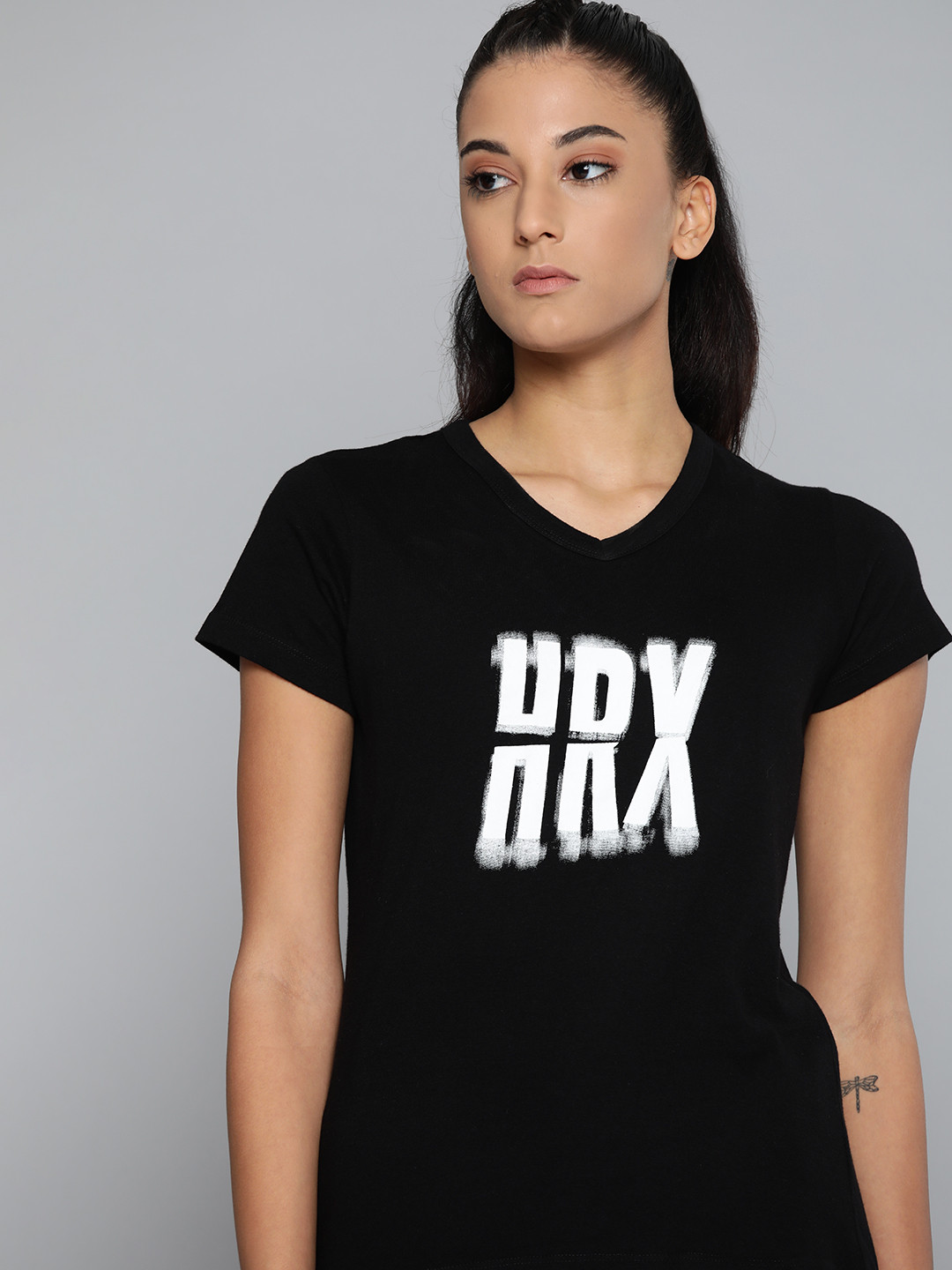 

HRX By Hrithik Roshan Lifestyle Women Jet Black Bio-Wash Brand Carrier Pure Cotton T-shirt