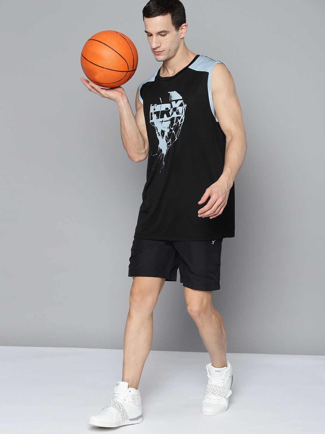 

HRX By Hrithik Roshan Basketball Men Jet Black Rapid-Dry Brand Carrier Tshirts
