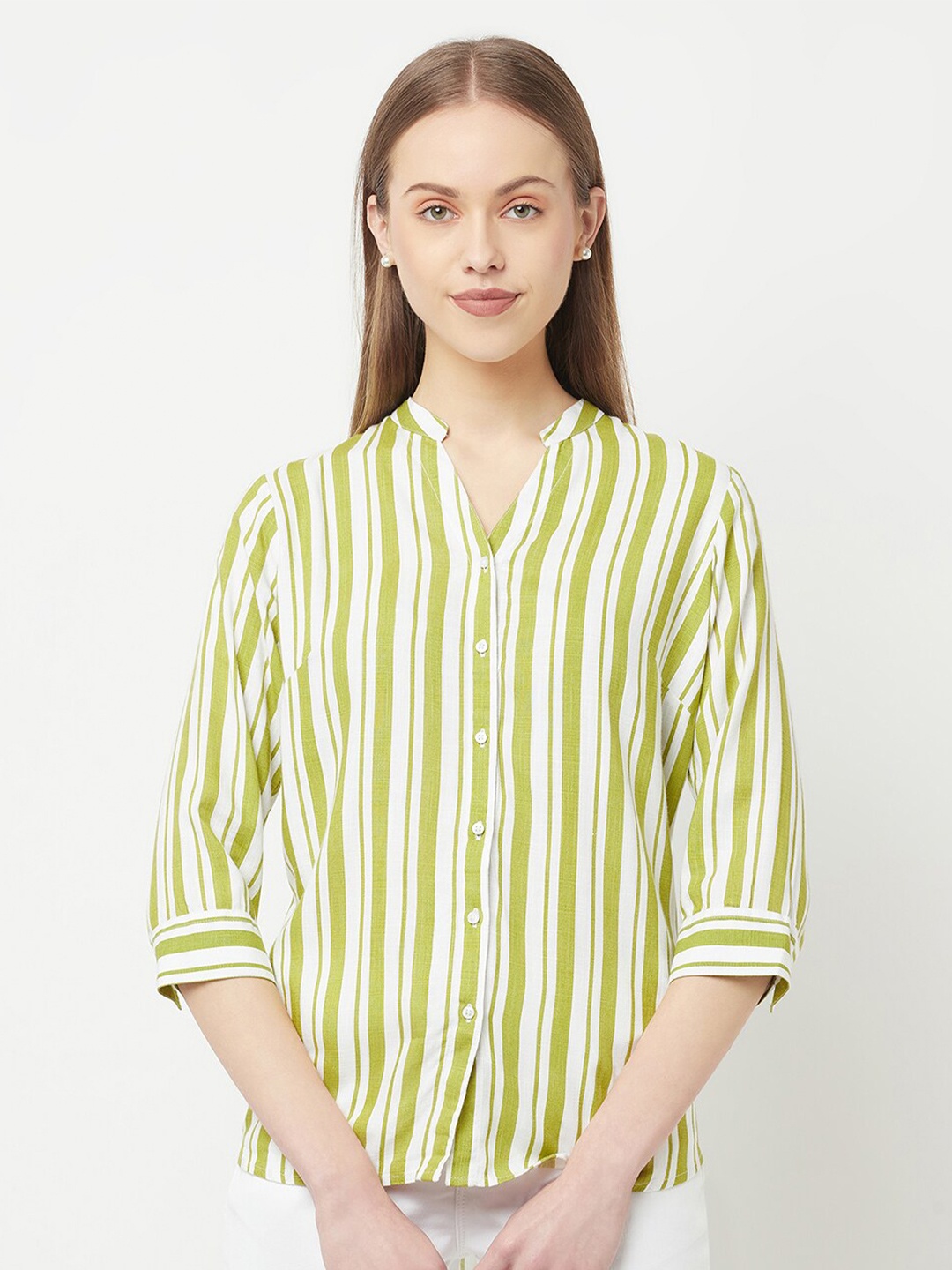 

Crimsoune Club Women Green & White Slim Fit Striped Casual Shirt