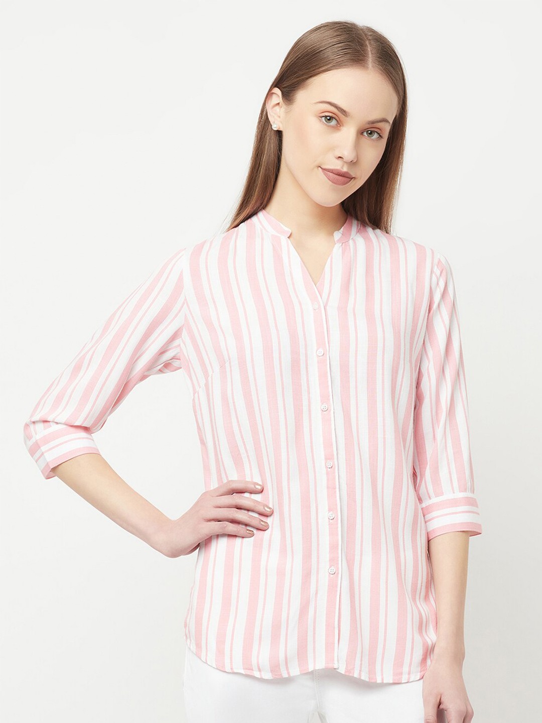 

Crimsoune Club Women Pink & White Slim Fit Striped Casual Shirt