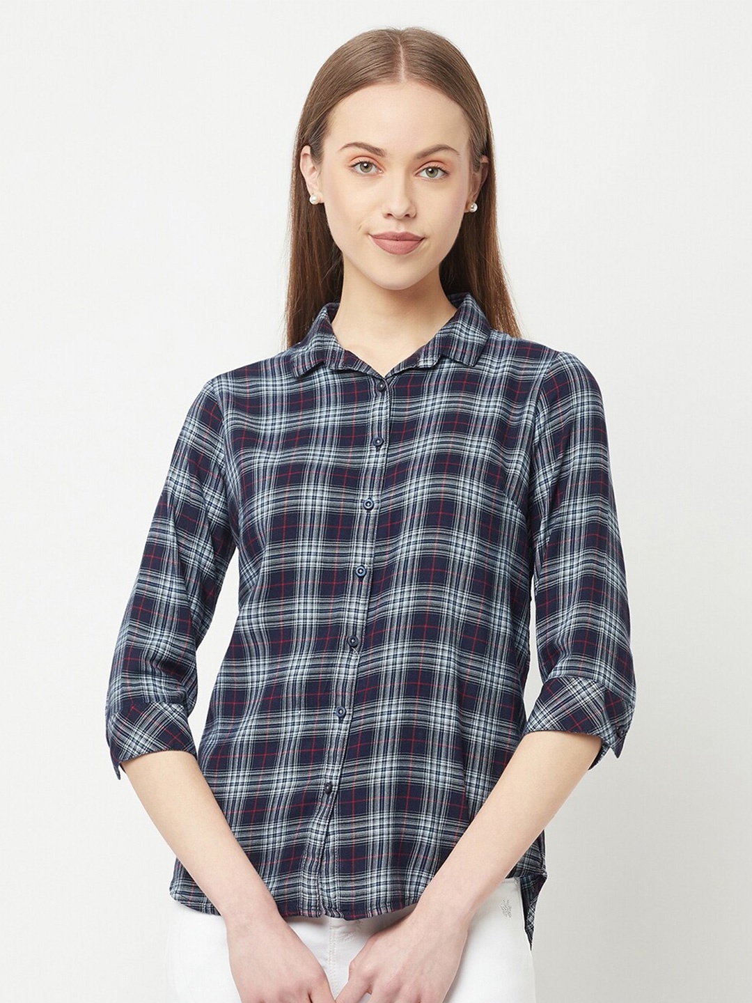 

Crimsoune Club Women Navy Blue & White Slim Fit Tartan Checked Casual Shirt
