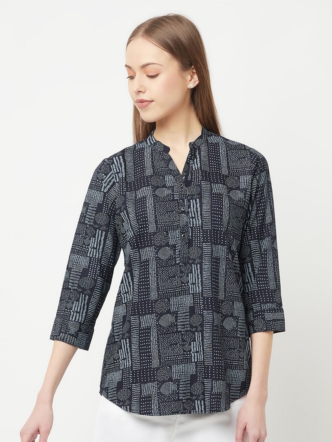 

Crimsoune Club Women Navy Blue & White Geometric Print Mandarin Collar Shirt Style Top