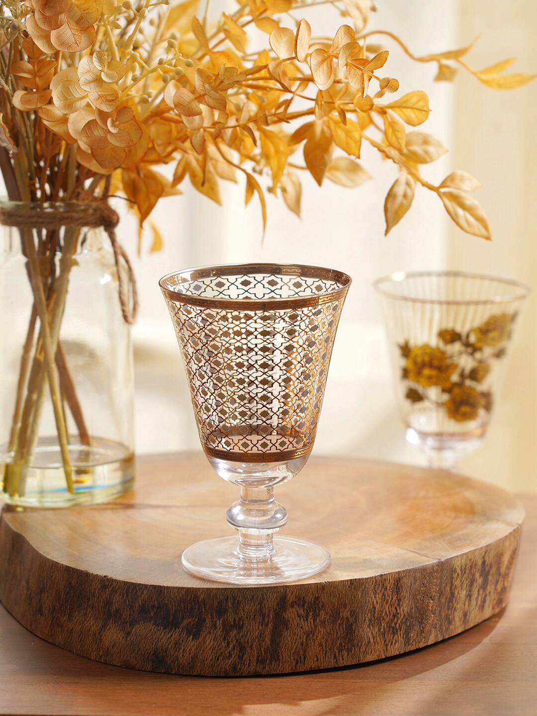 

Pure Home and Living Set Of 4 Gold -Toned Printed Wine Glass