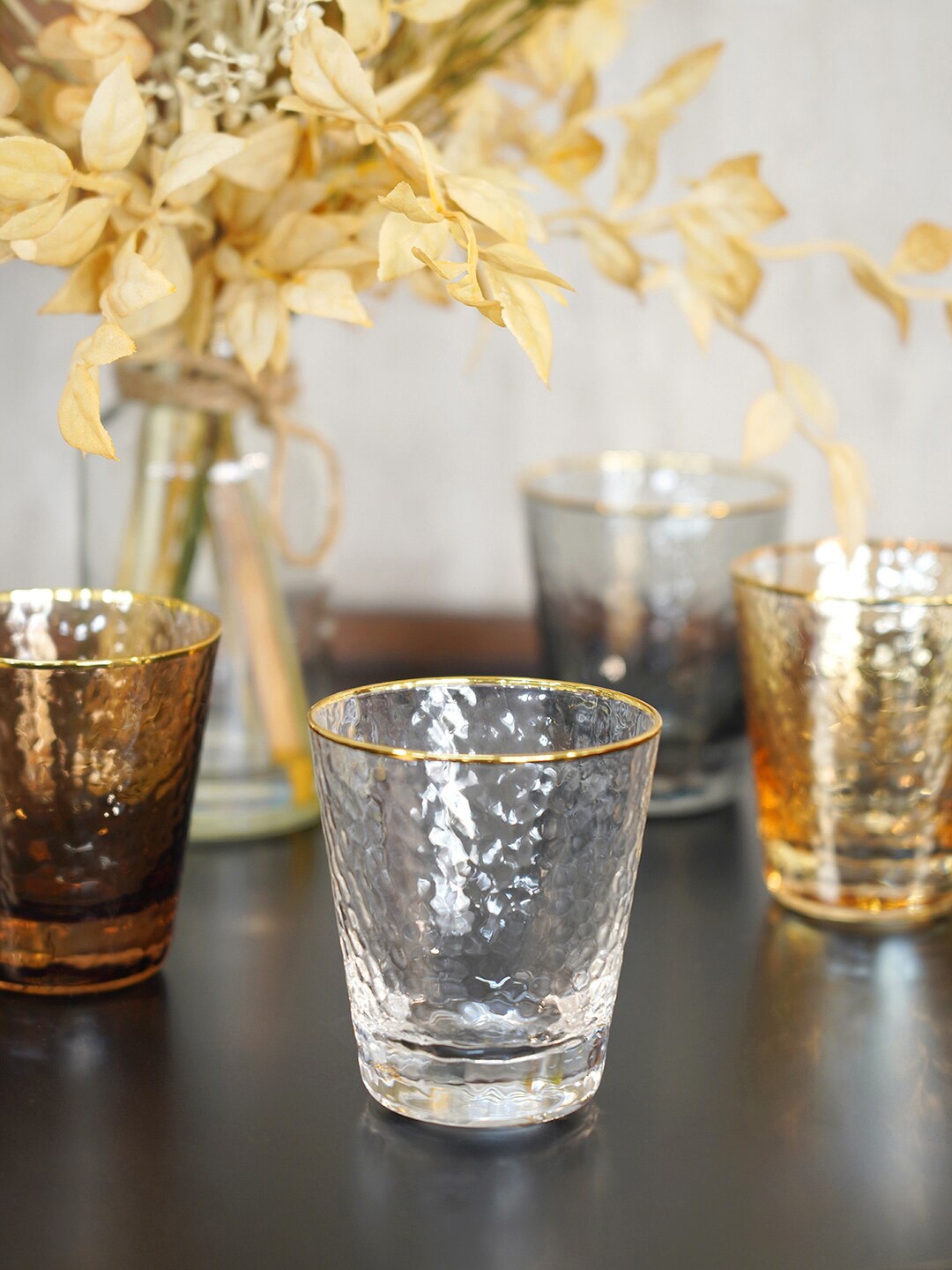 

Pure Home and Living Set Of 6 Transparent & Gold Textured Glass Tumblers