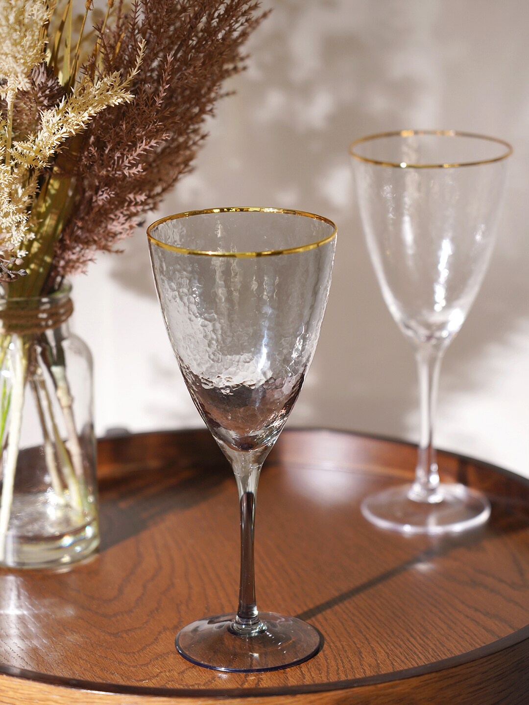 

Pure Home and Living Set Of 6 Grey Solid Wine Glass with Golden Rim