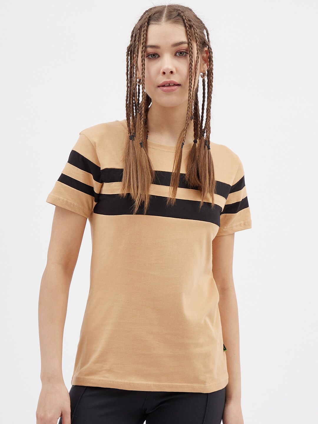 

Rodzen Women Beige & Black Striped Applique T-shirt