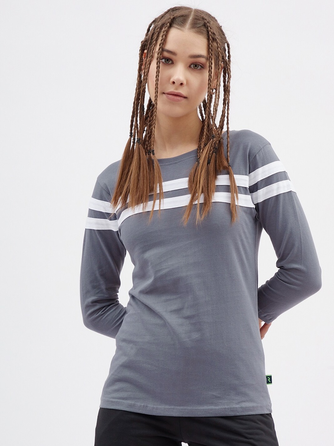 

Rodzen Women Grey & White Striped Cotton T-shirt