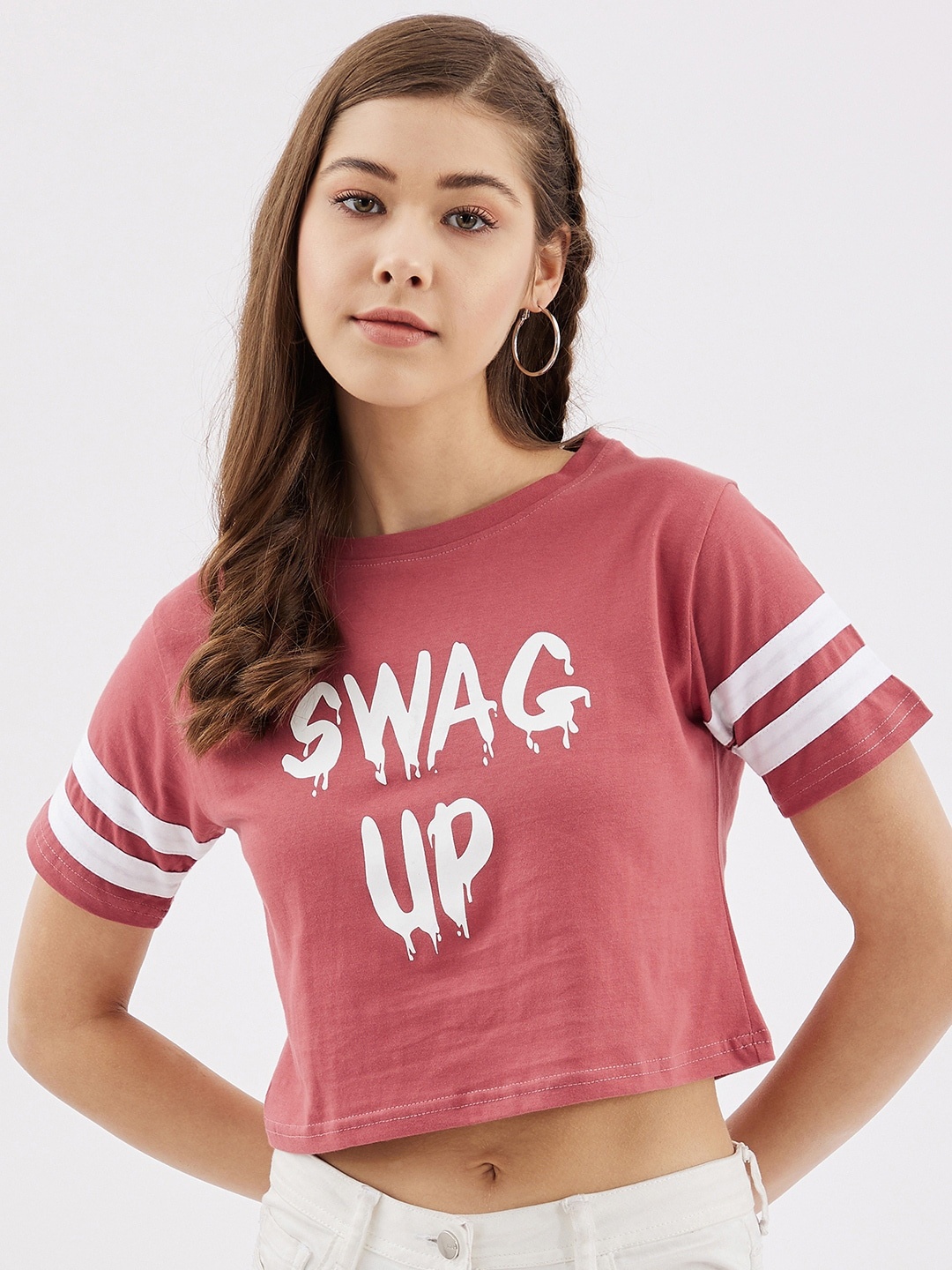 

Rodzen Women Pink & White Typography Printed Pure Cotton T-shirt