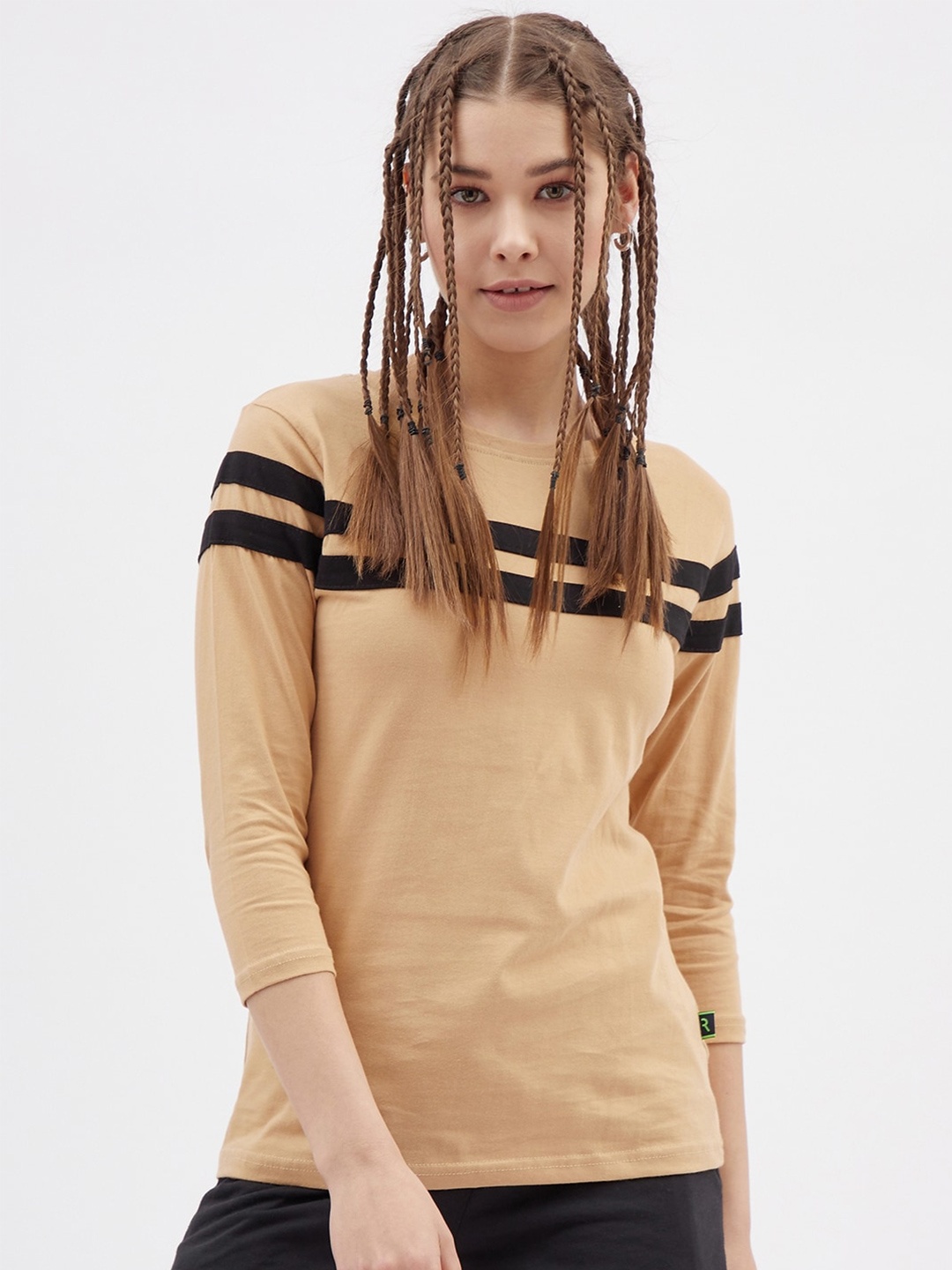 

Rodzen Women Beige & Black Striped Cotton T-shirt