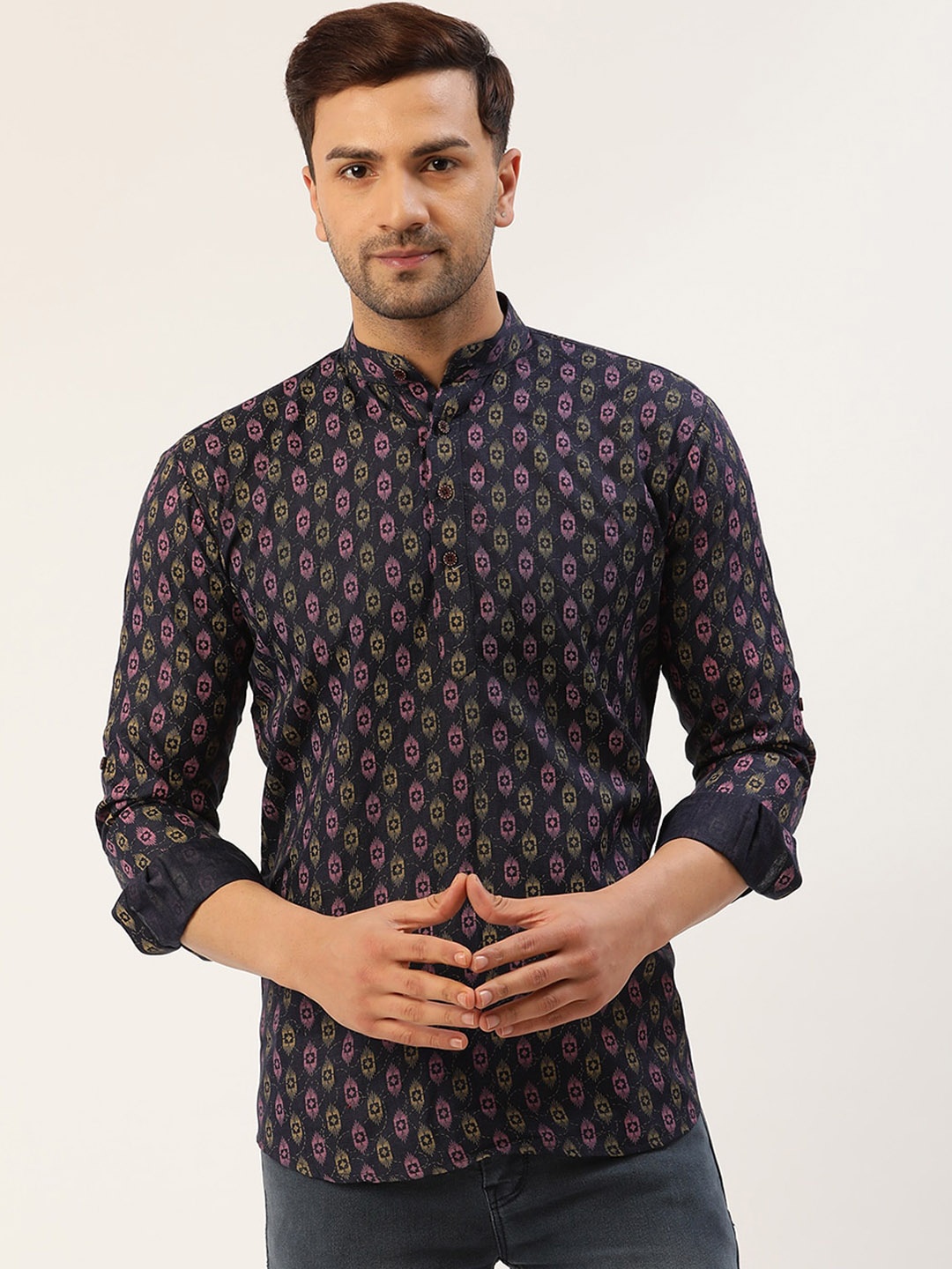 

Jompers Men Navy Blue Ethnic Motifs Yoke Design Flared Sleeves Thread Work Kurta