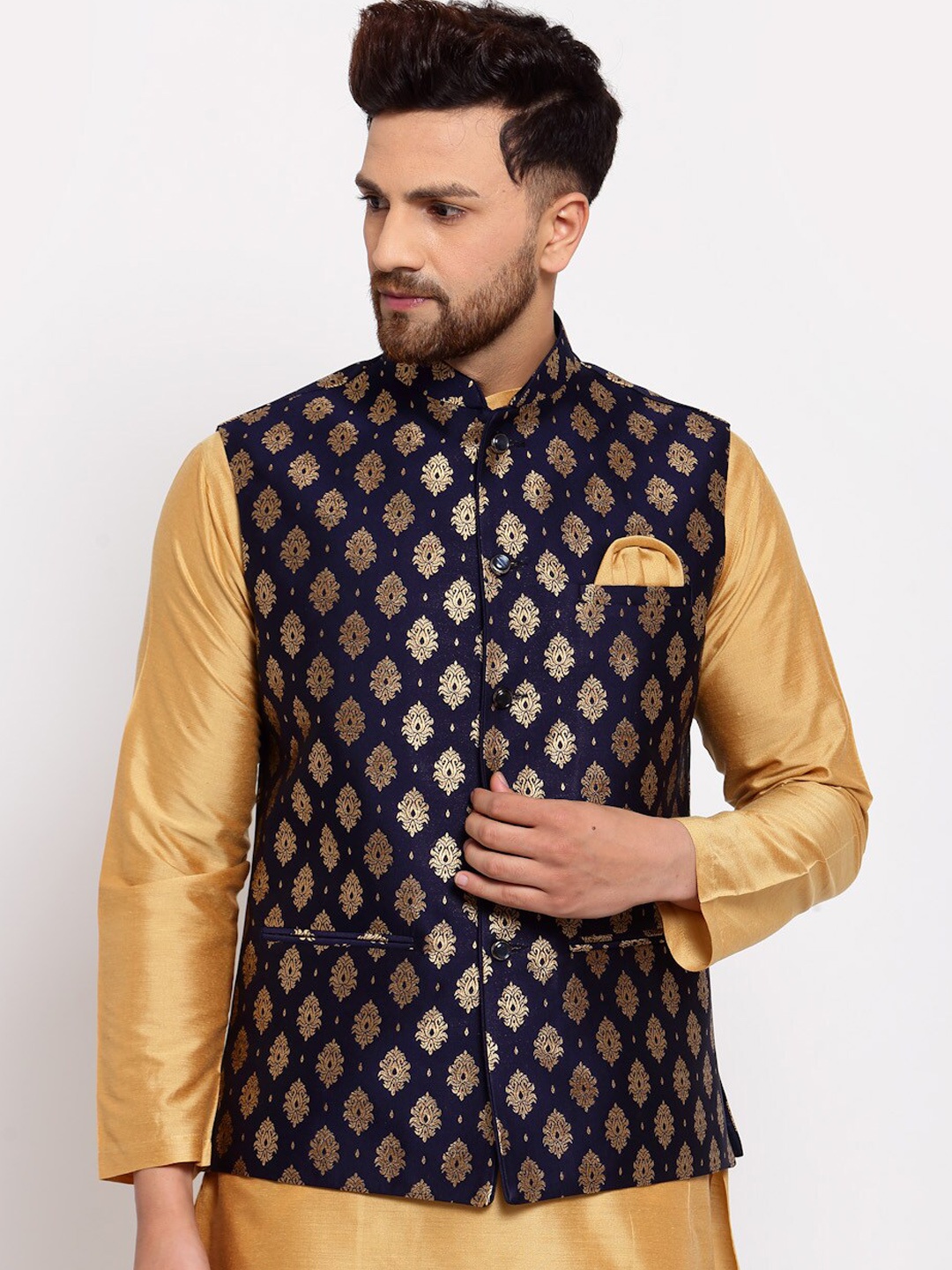 

Badoliya & Sons Men Navy Blue & Gold Zari Woven Design Nehru Jacket