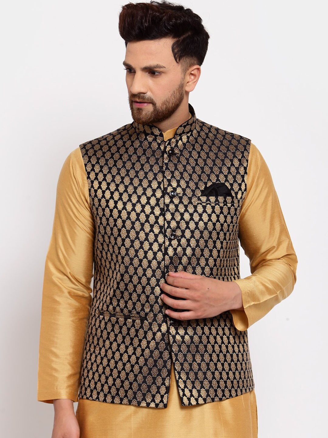 

Badoliya & Sons Men Black & Gold-Toned Woven Design Nehru Jackets