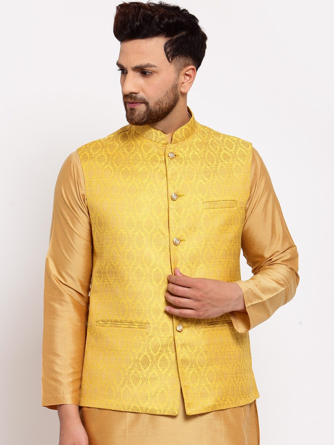 

Badoliya & Sons Men Yellow Woven Design Nehru Jacket