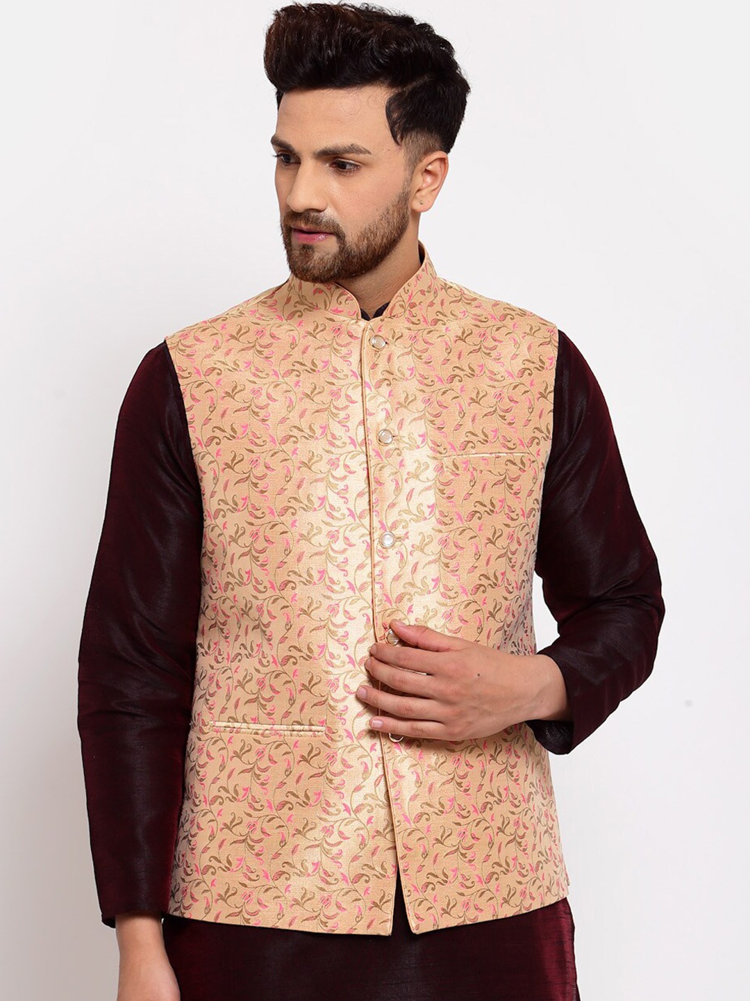 

Badoliya & Sons Men Gold Coloured & Peach Woven Design Nehru Jacket