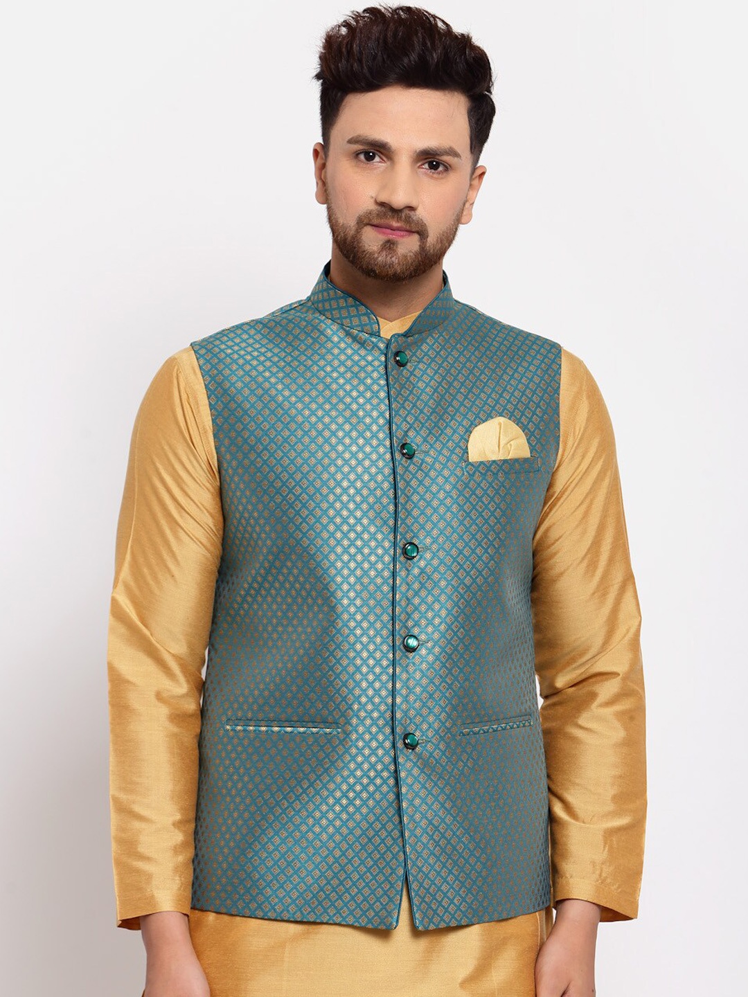 

Badoliya & Sons Men Sea Green & Gold-Coloured Solid Nehru Jackets