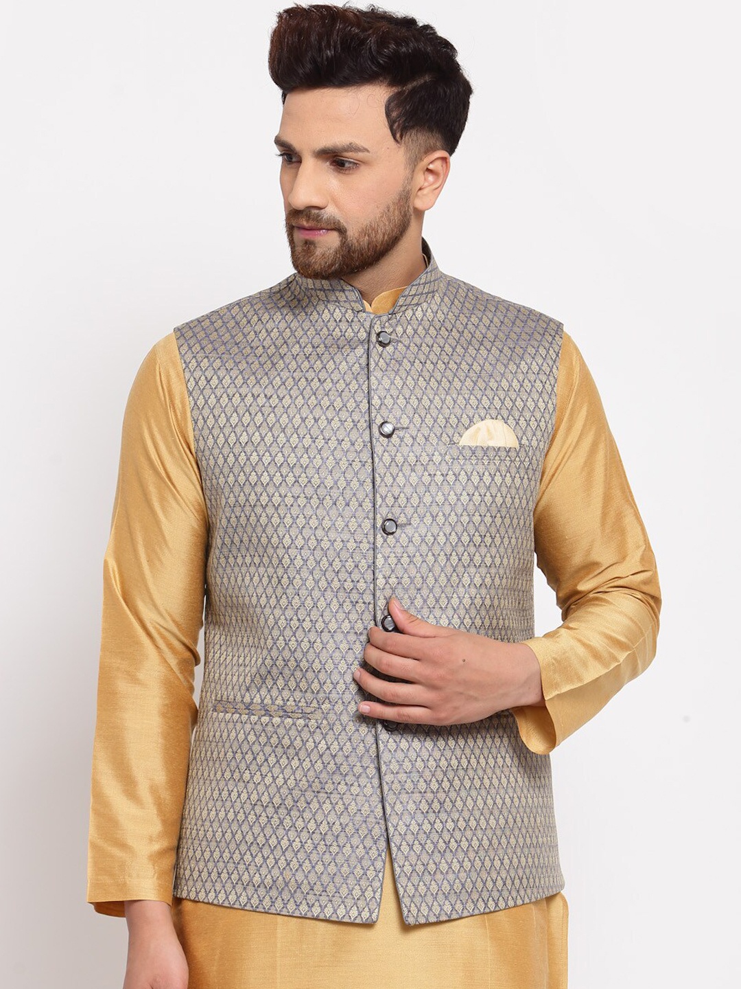 

Badoliya & Sons Men Grey Printed Nehru Jacket