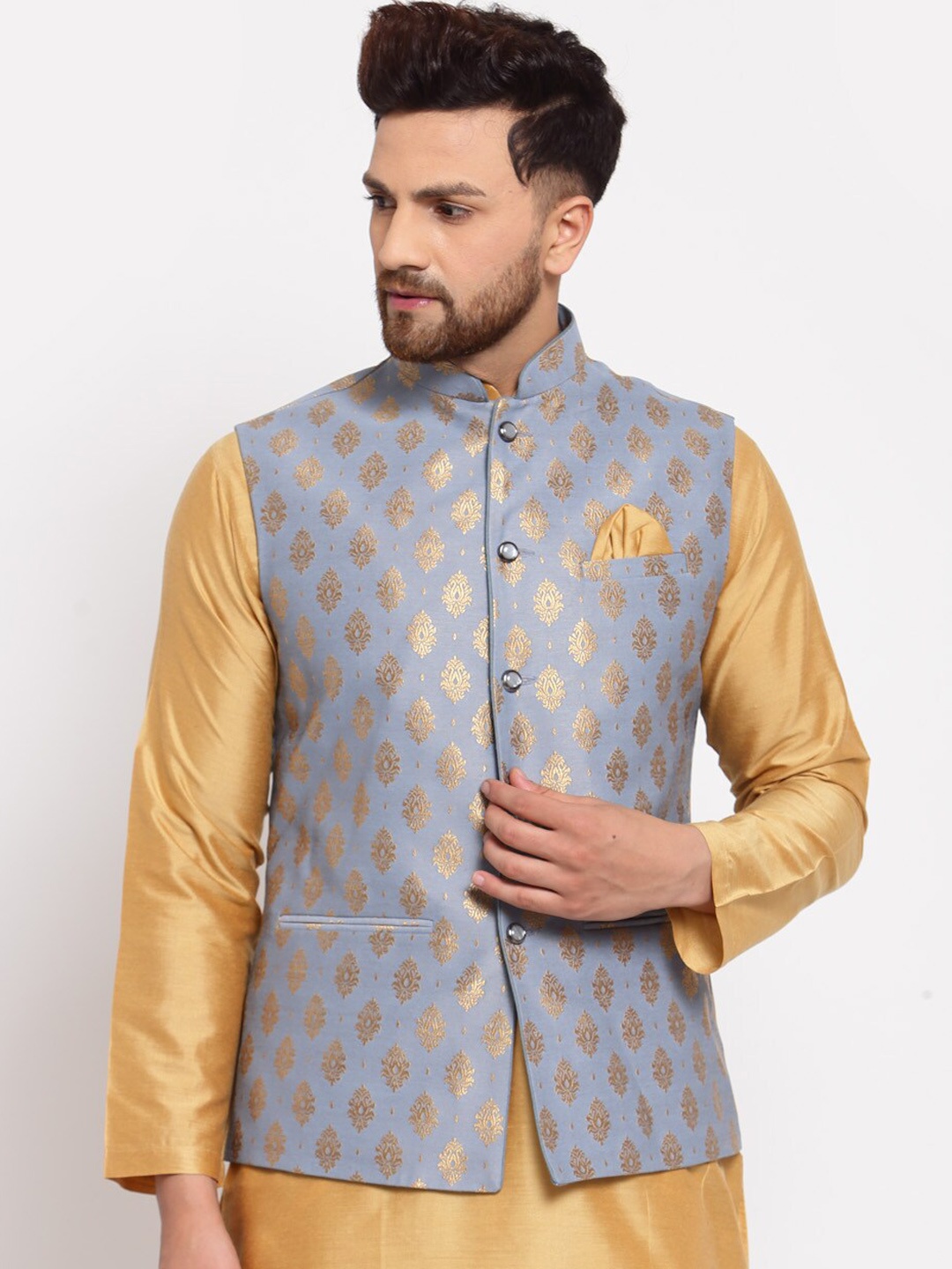 

Badoliya & Sons Men Grey & Gold Woven Design Nehru Jacket