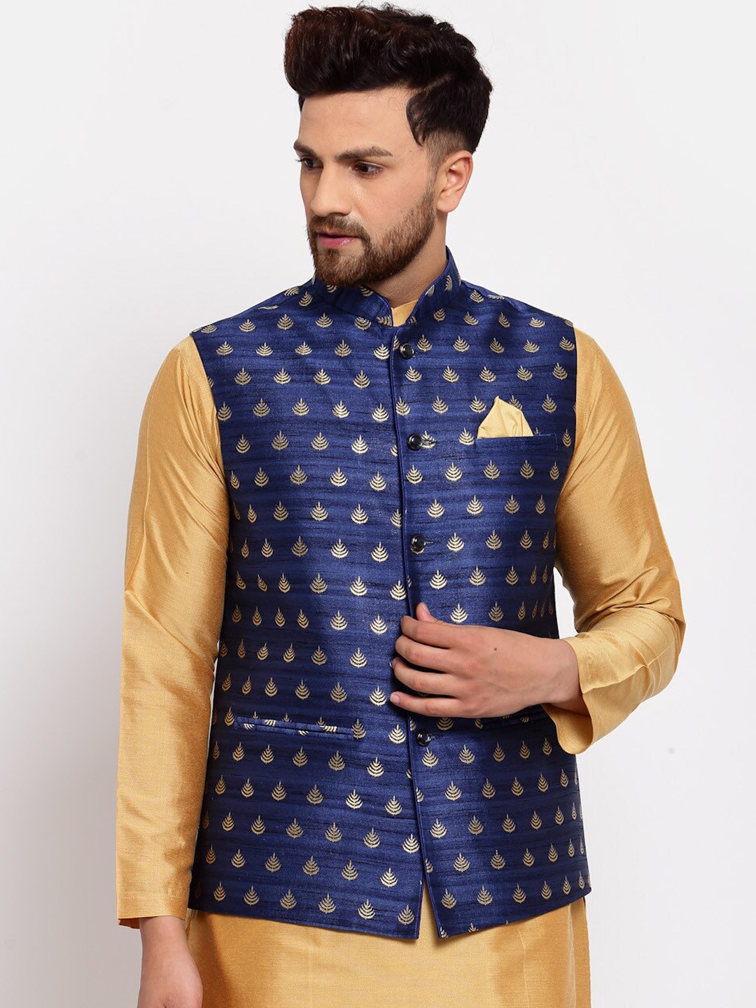 

Badoliya & Sons Men Navy Blue Printed Jacquard Nehru Jacket