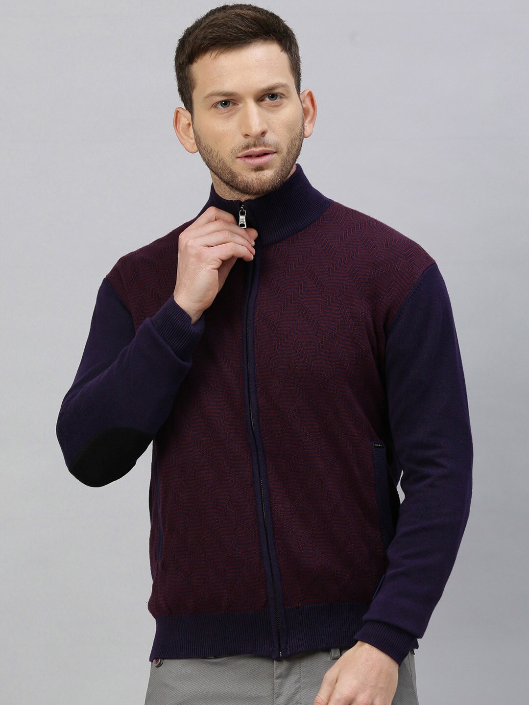 

RARE RABBIT Men Maroon & Navy Blue Printed Cotton Front-Open Cardigan