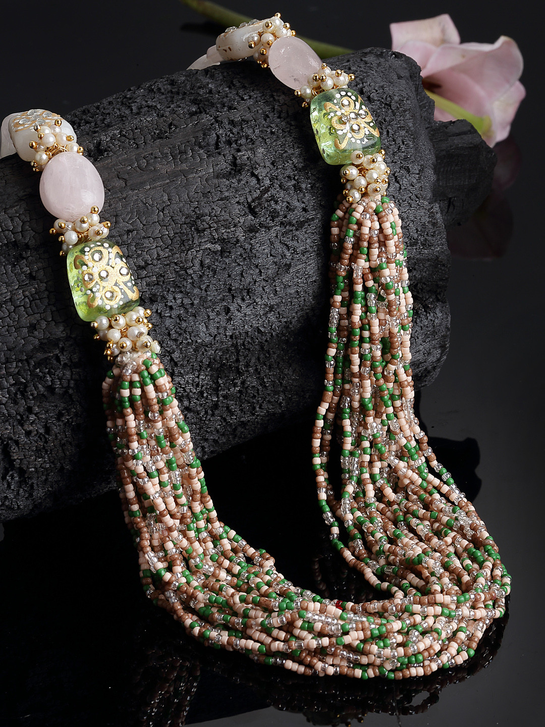 

DUGRISTYLE Green & Peach-Coloured Sterling Silver Gold-Plated Necklace