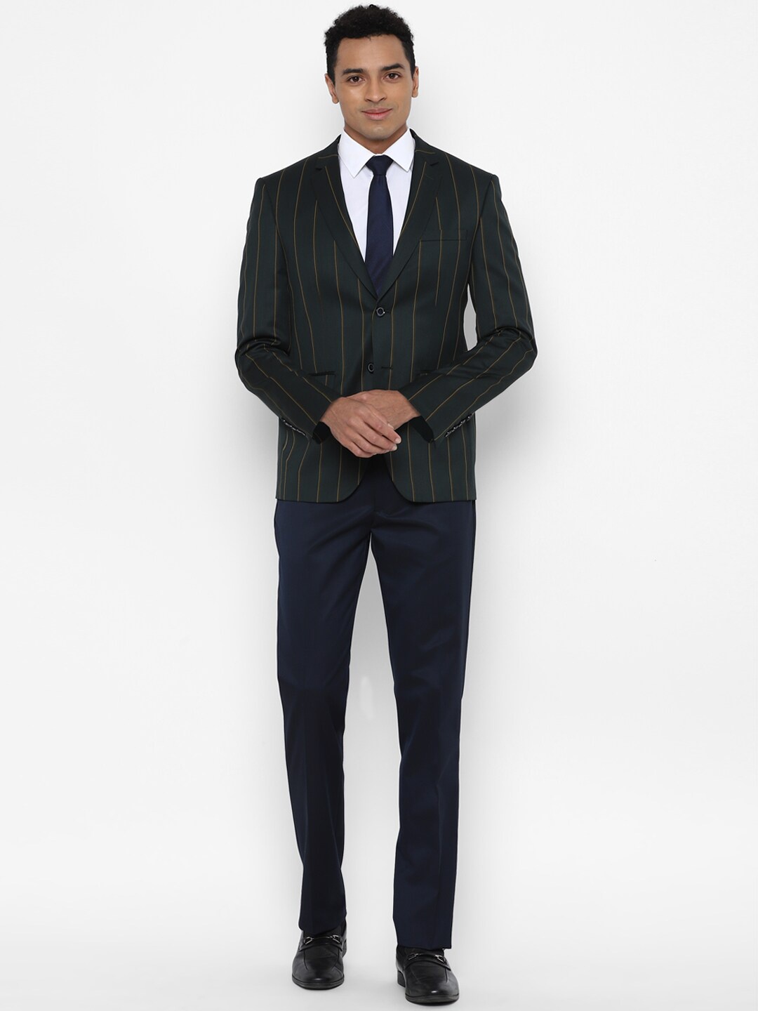 

Allen Solly Men Black & Blue Striped Single Breasted Slim-Fit Formal Blazers & Trouser