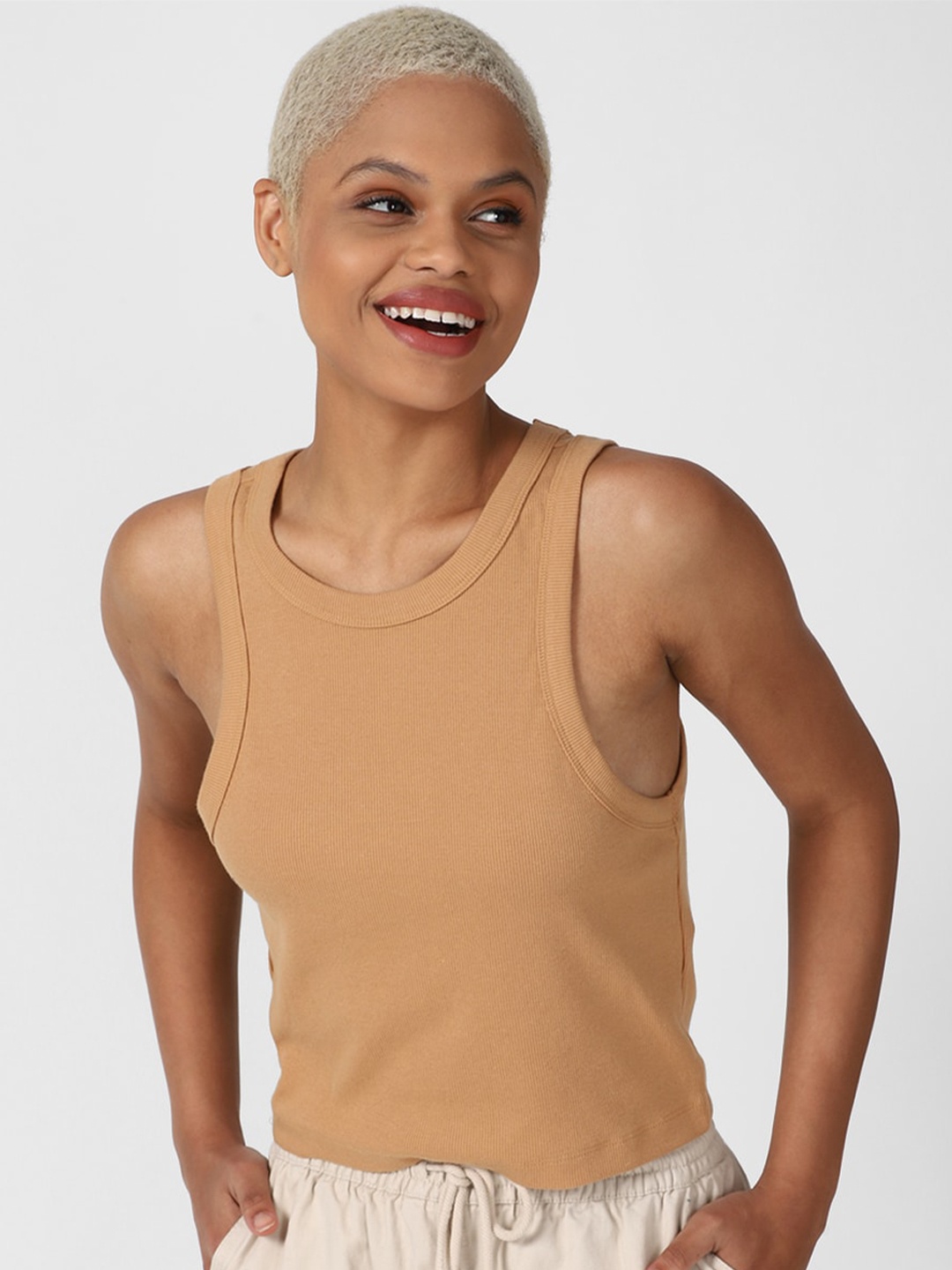 

FOREVER 21 Women Orange Solid Racer Back Tank Top