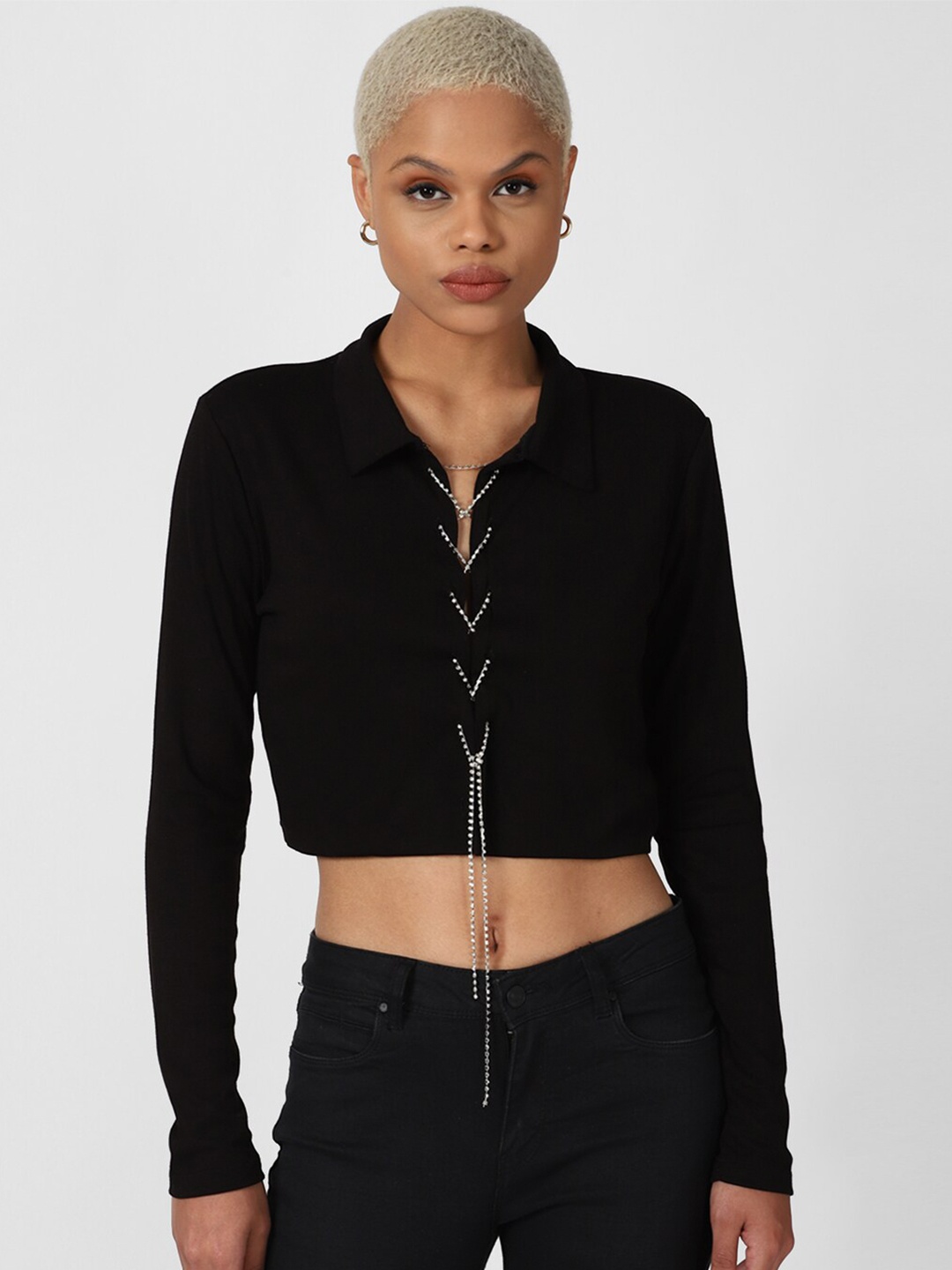 

FOREVER 21 Black Rhinestone Tie-Ups Shirt Style Crop Top