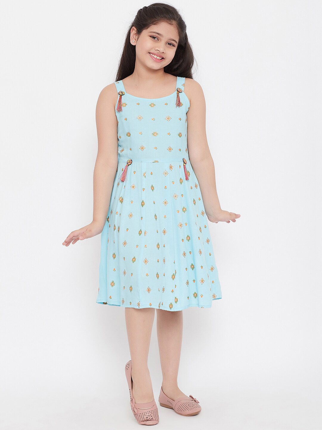 

KYDZI Girls Blue Floral Printed Fringed Dress