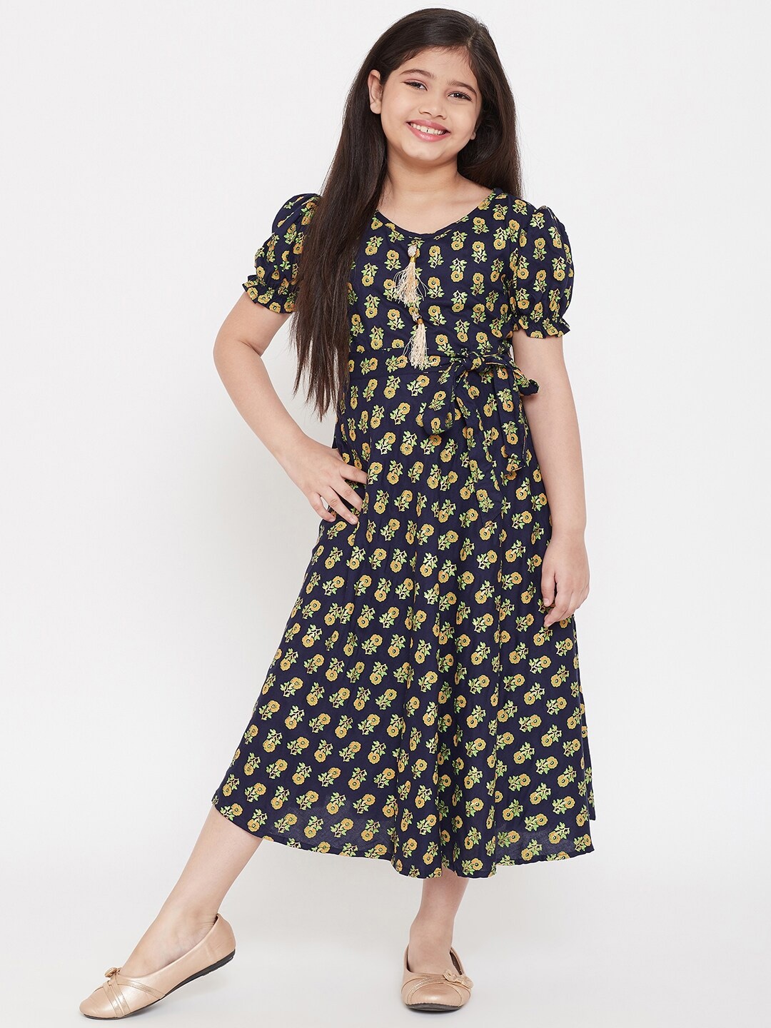 

KYDZI Girls Navy Blue & Yellow Ethnic Motifs Printed Fit & Flare Midi Dress