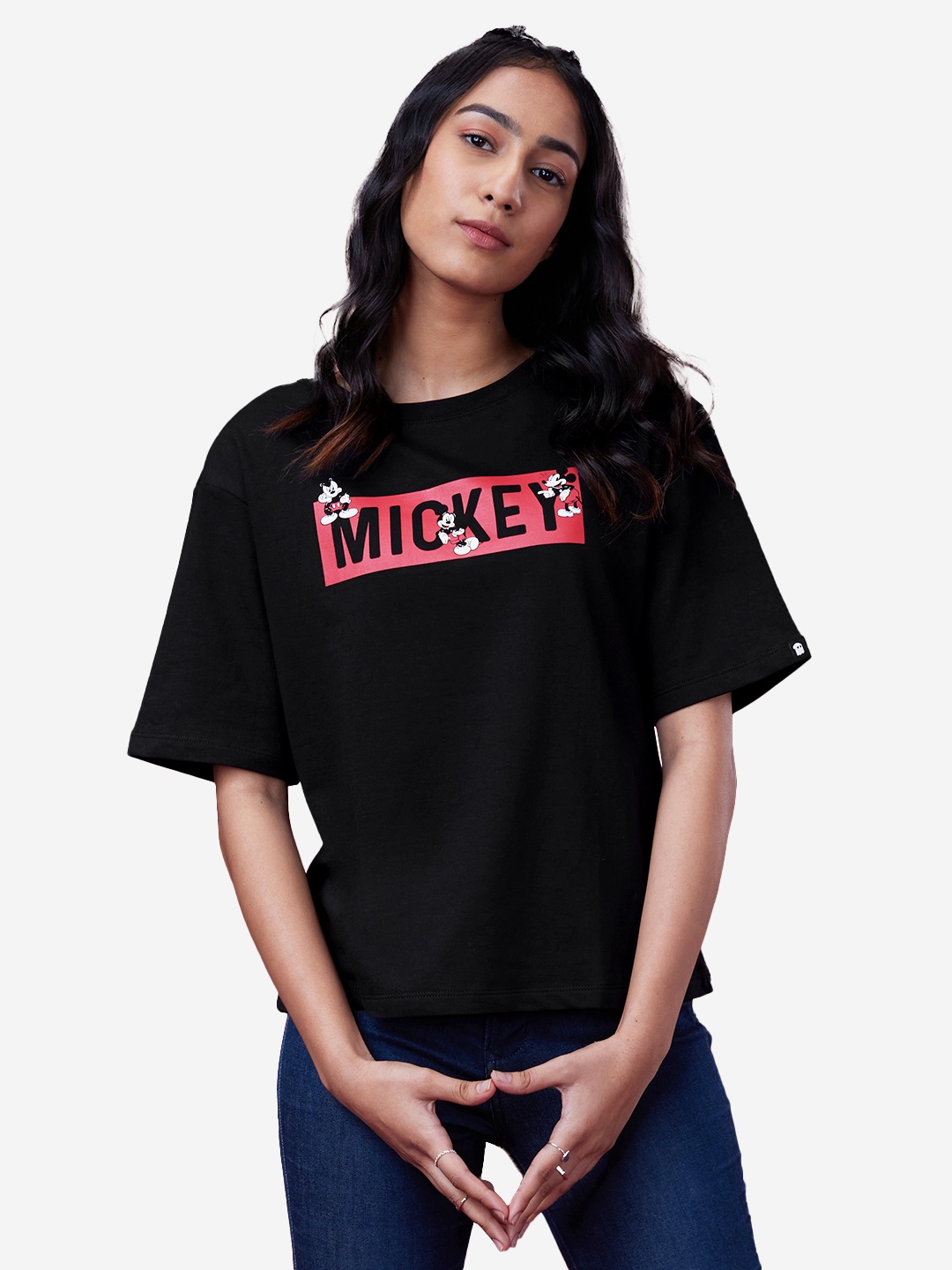 

The Souled Store Women Black Mickey Mouse Expression Print Oversized T-Shirt