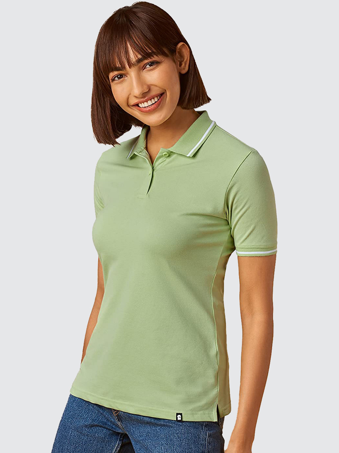 

The Souled Store Women Green Polo Collar Cotton T-shirt