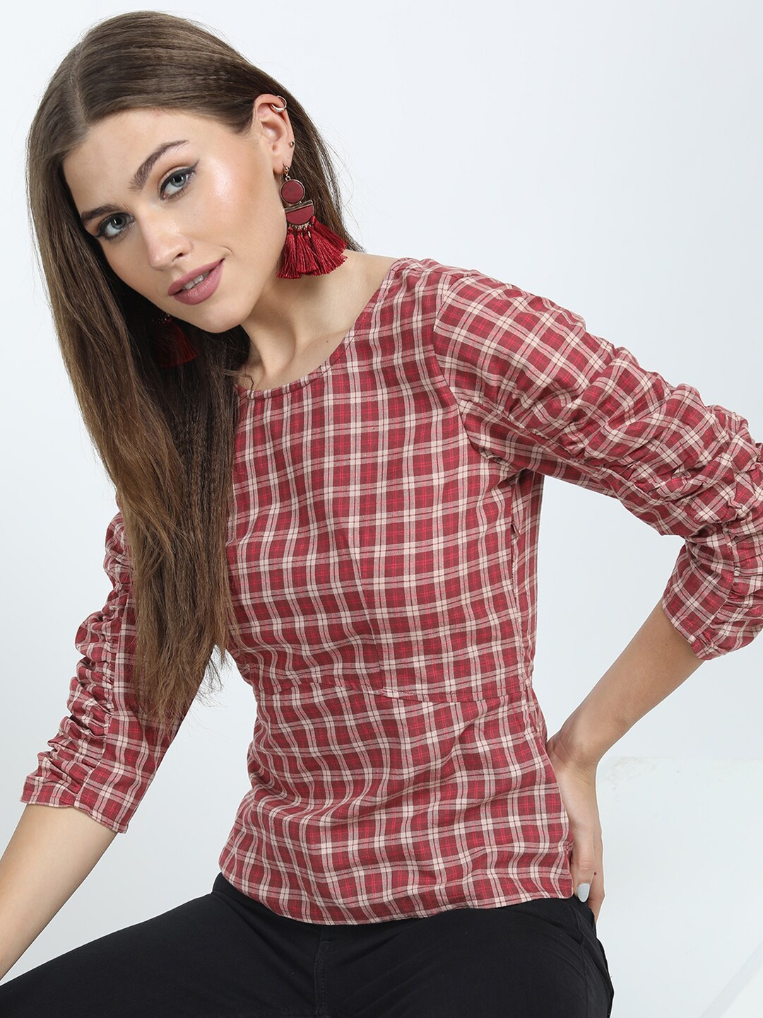 

Tokyo Talkies Brown & Maroon Checked Styled Back Cotton Top