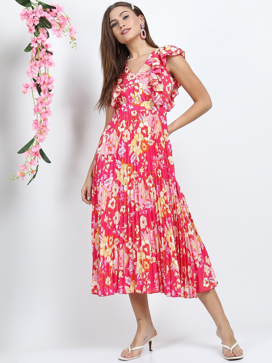 

Tokyo Talkies Women Pink & Yellow Floral Printed Midi Dress