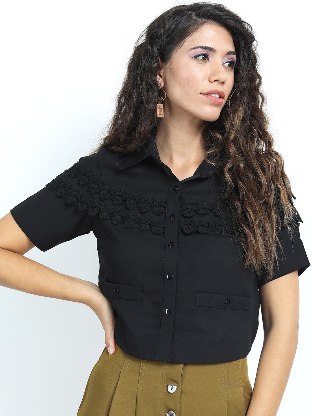 

Tokyo Talkies Women Black Solid Shirt Style Top