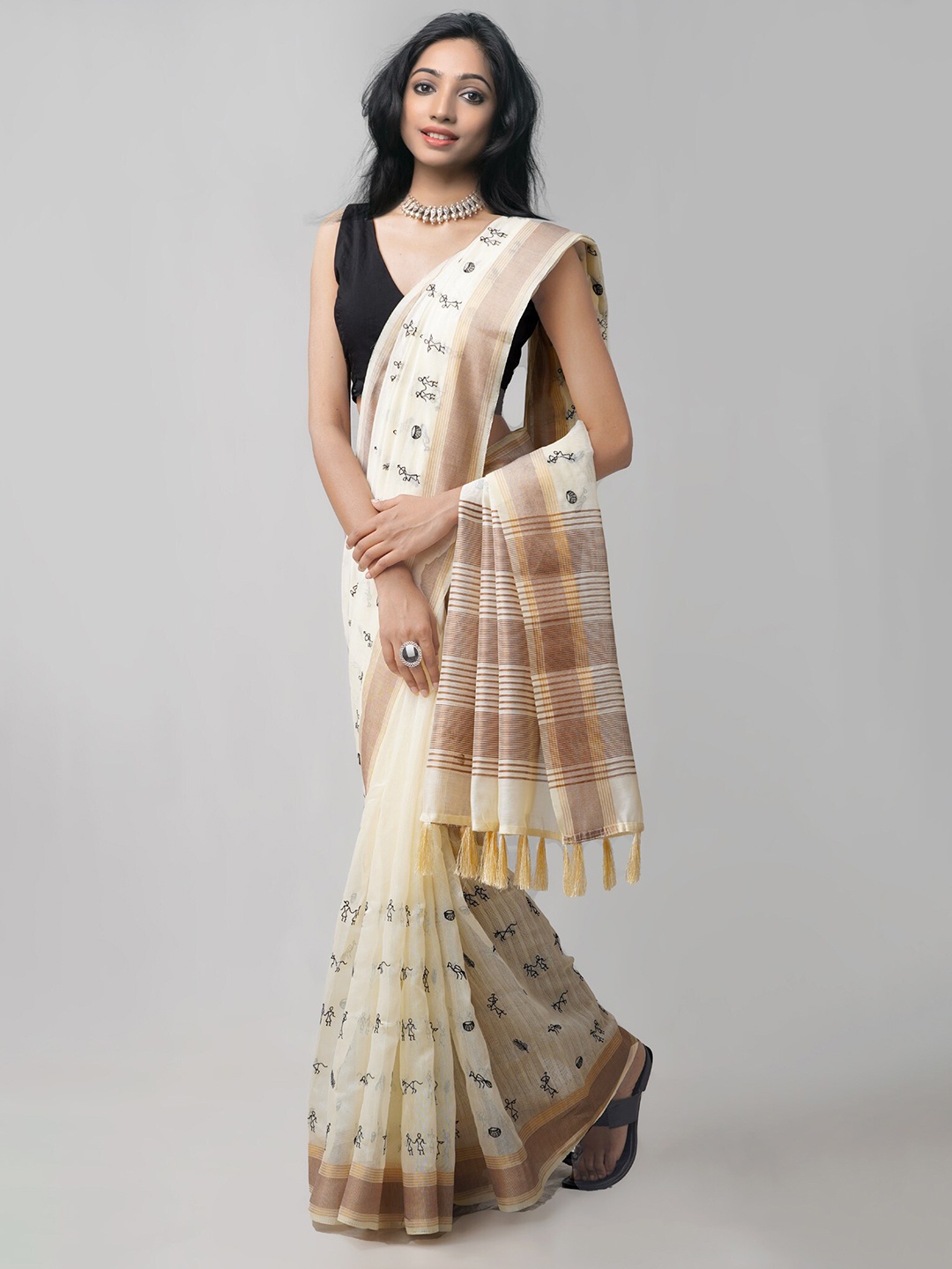 

Unnati Silks Cream-Coloured & Black Warli Embroidered Silk Cotton Chanderi Saree