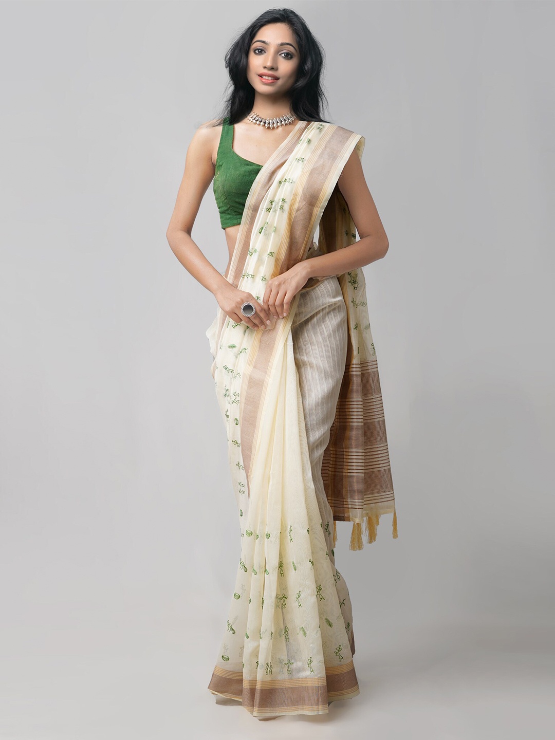 

Unnati Silks Cream-Coloured & Green Warli Zari Silk Cotton Chanderi Saree