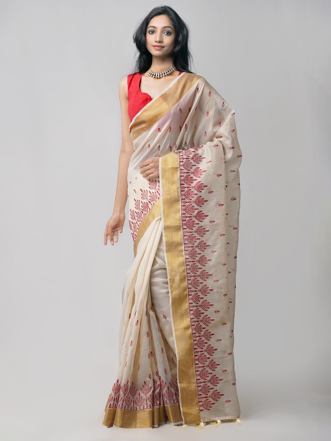 

Unnati Silks Cream-Coloured & Red Ethnic Motifs Banarasi Tissue Saree