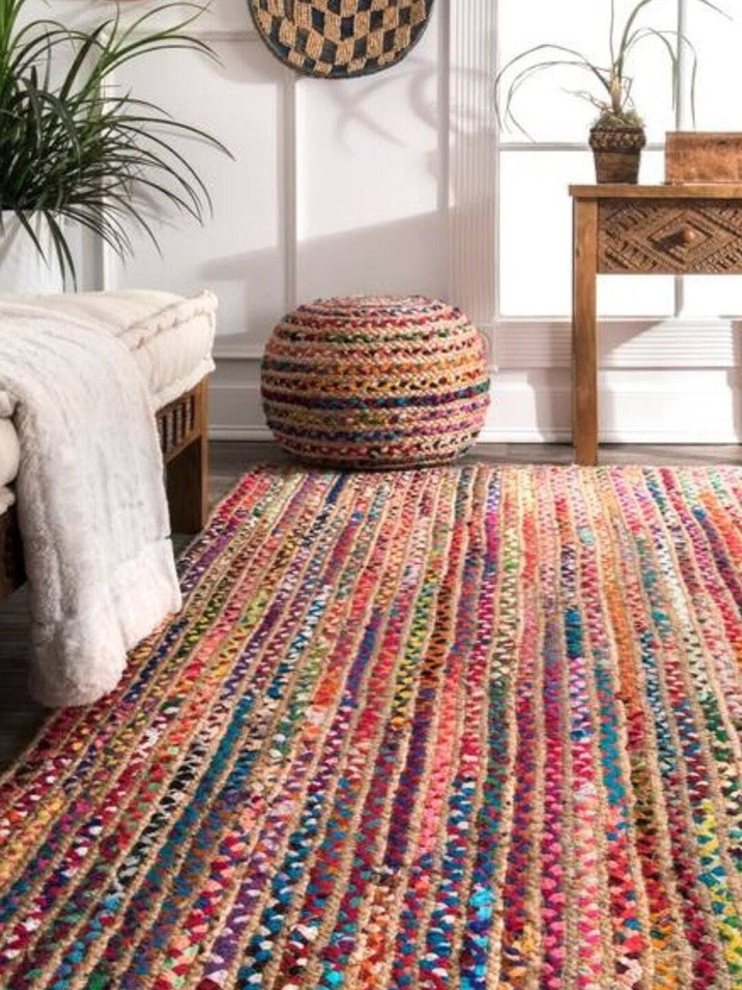 

HABERE INDIA Multicoloured Striped Jute Carpet, Multi
