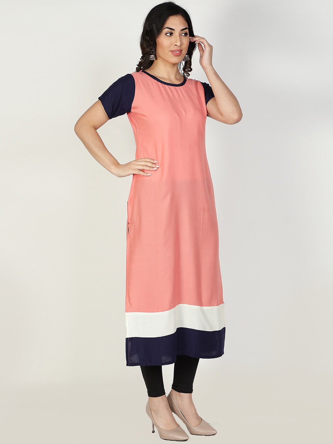 

Fabclub Women Peach & Navy Blue Colourblocked Straight Kurta